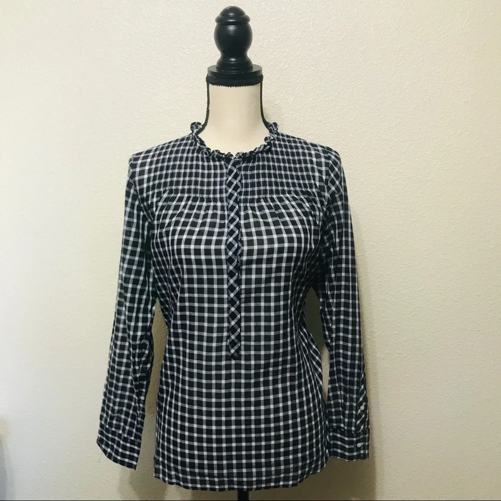 J. Crew Gingham Pleated Bib Ruffle Trim Shirt